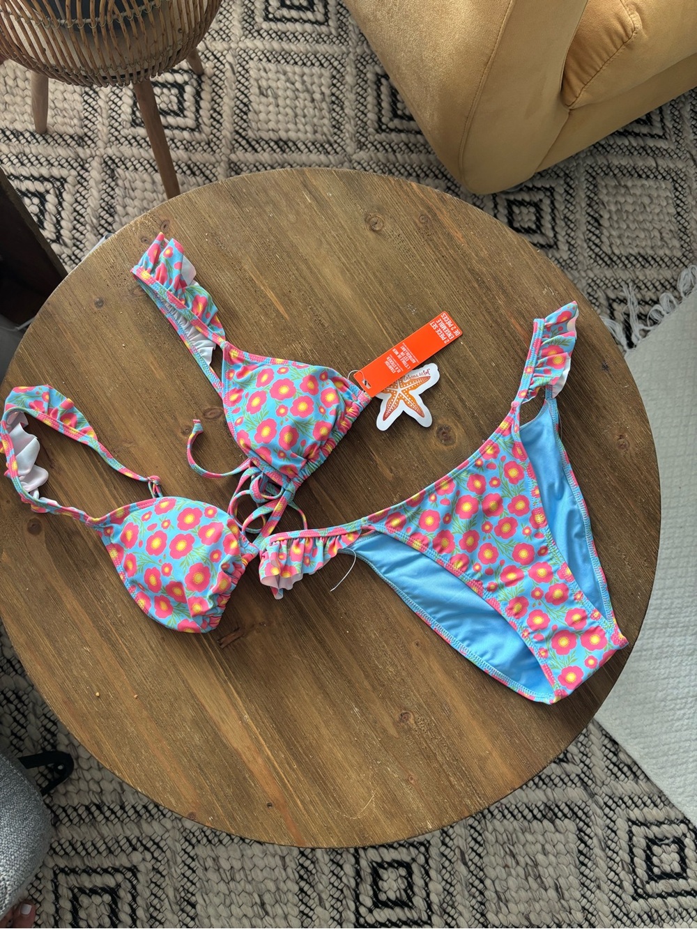 NWT Floral Ruffle Triangle Bikini Set in Bright Blue with Pink Flowers
